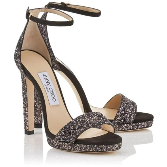 Jimmy Choo Leather Misty 120 Twilight Black Suede Glitter Sandals Heels 38.5/8.5 - Picture 2 of 14